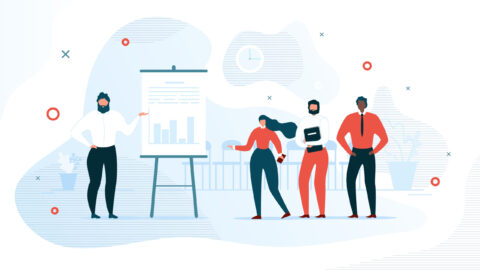 Businessman Showing Graphs on Flip Chart for Colleagues in Office Illustration