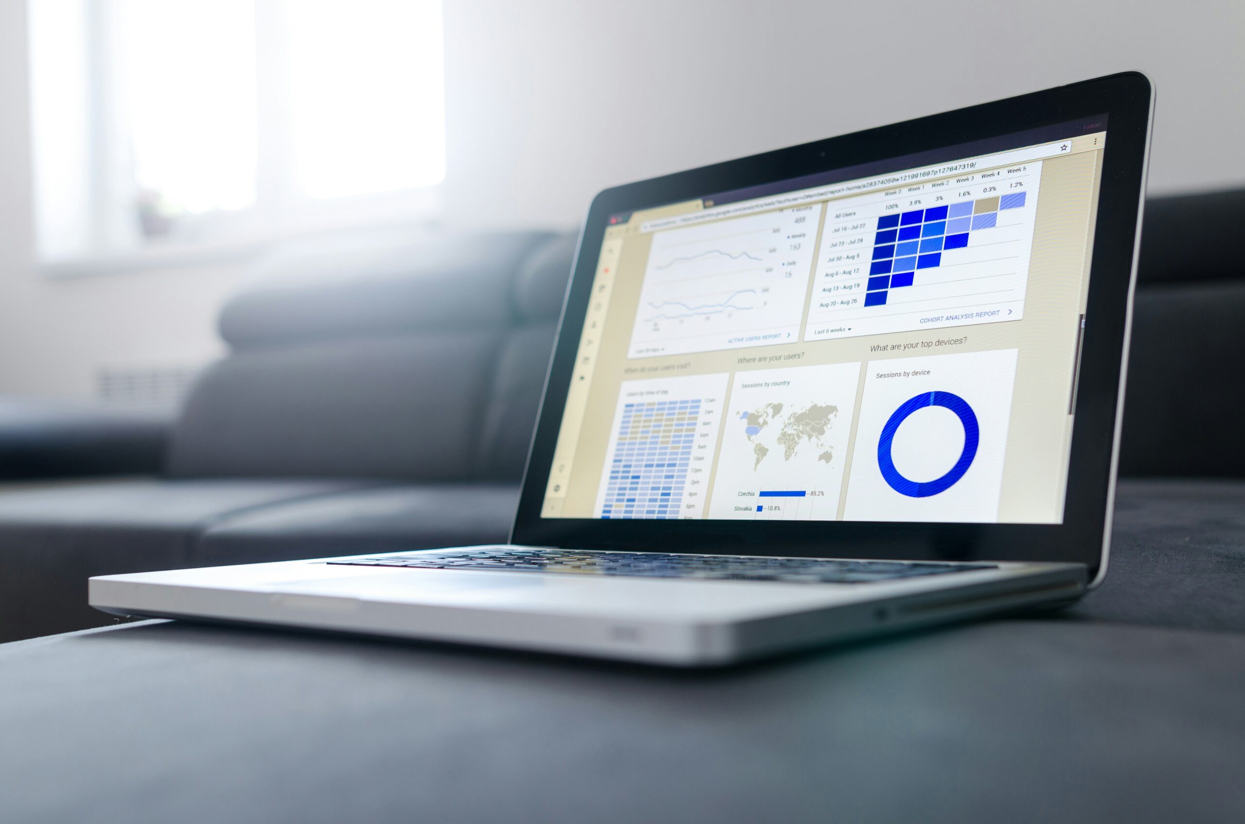 a laptop with statistics and data showing on screen