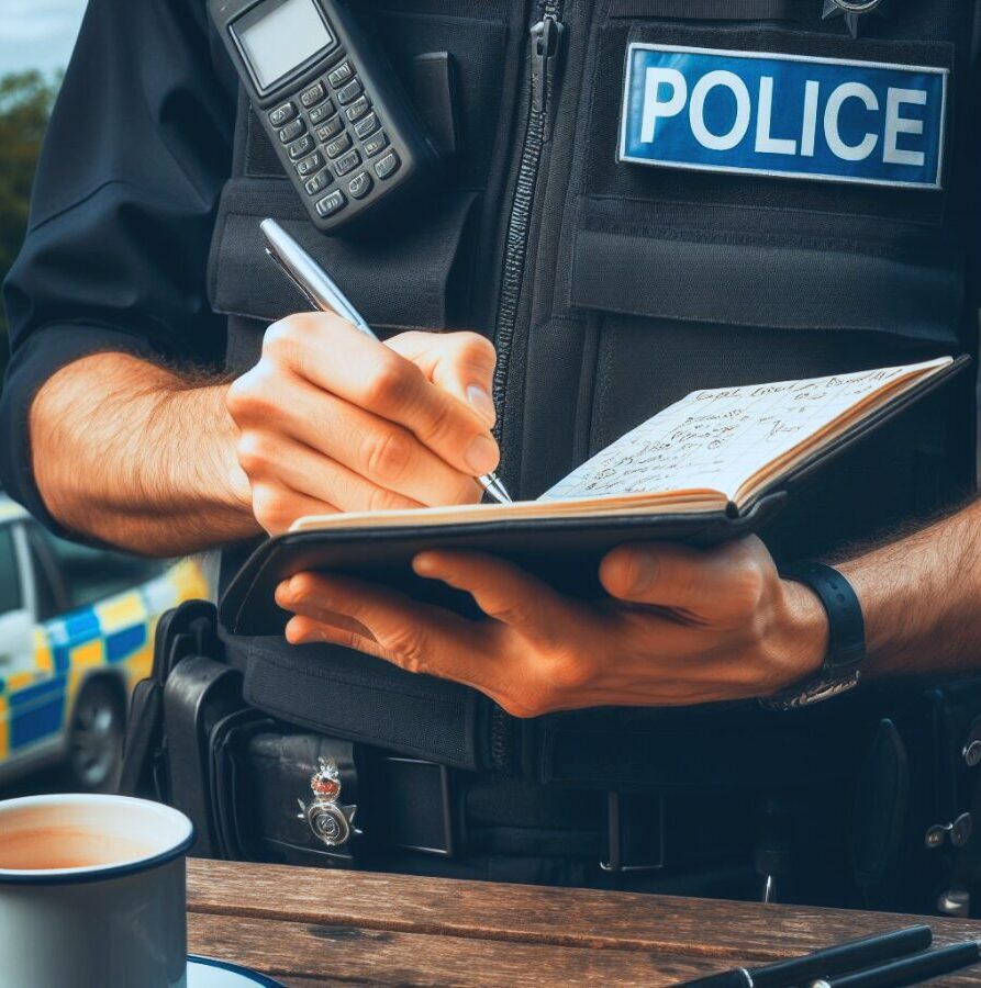 Police officer recording a statement on a note pad