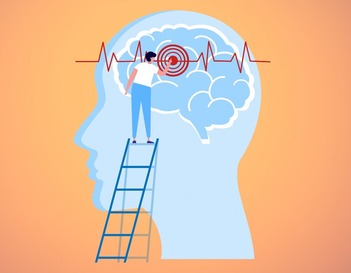 a human brain with a smaller person on a ladder pointing to a part of the brain